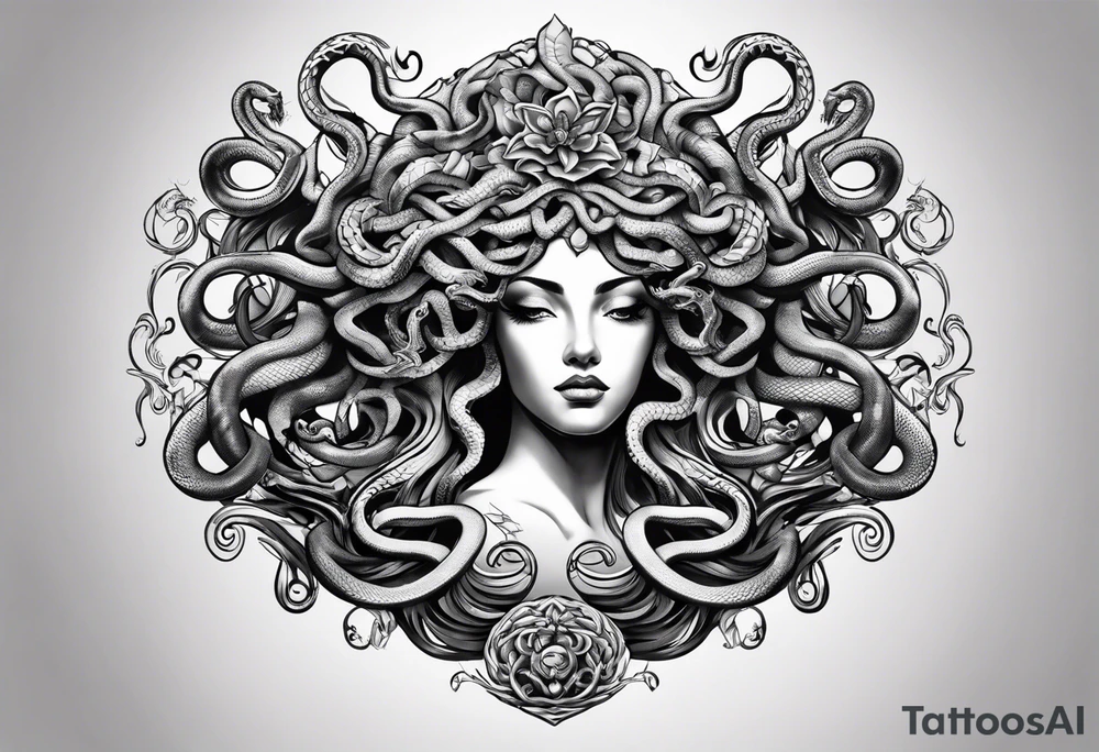 arm tattoo of Medusa as a statue with snakes for hair tattoo idea
