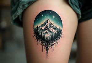 Etched in deep forest green, “Through Hardships To the stars” curls around a mountain silhouette rising into a starlit sky. tattoo idea