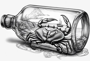 A message in a bottle. Rolled up map inside the bottle. crab outside protecting the bottle. tattoo idea