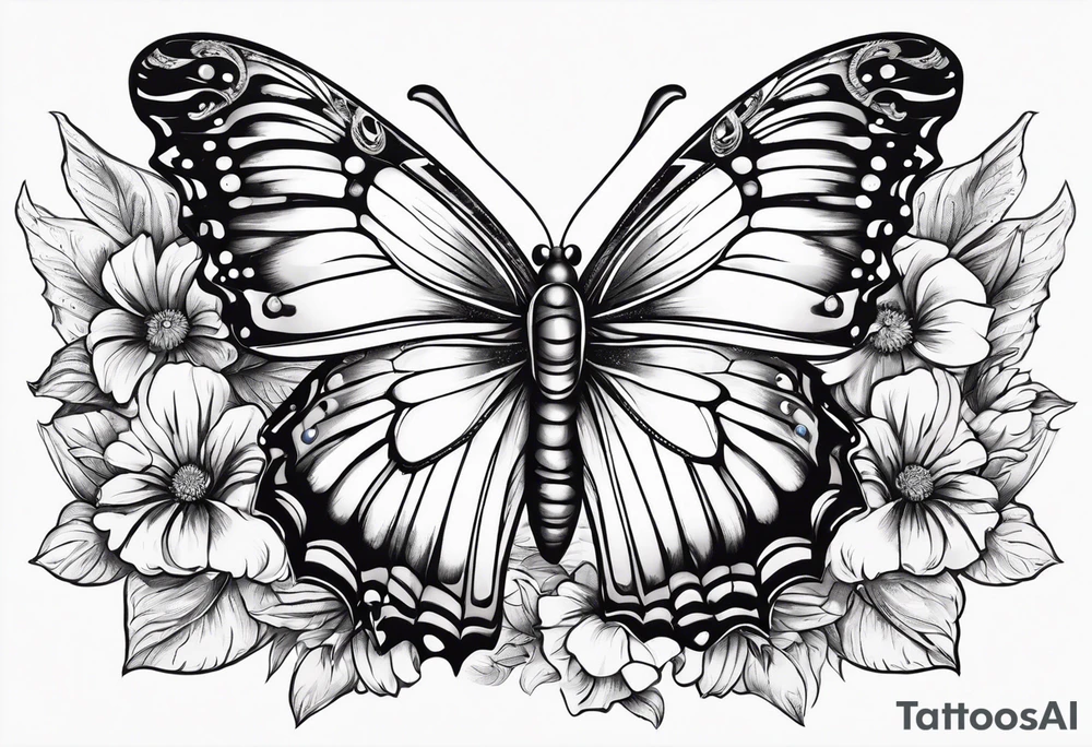 Butterfly with aster and morning glory flowers on 2 wings tattoo idea