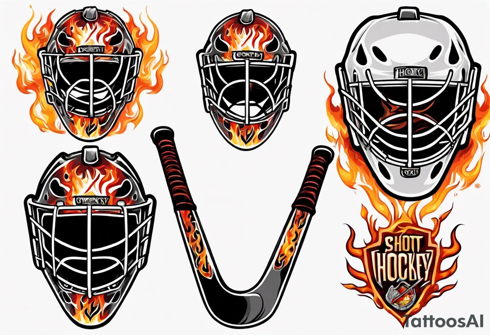 a goalie mask and crossed hockey sticks with flames that says "SHOT HOCKEY" tattoo idea