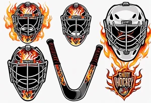 a goalie mask and crossed hockey sticks with flames that says "SHOT HOCKEY" tattoo idea