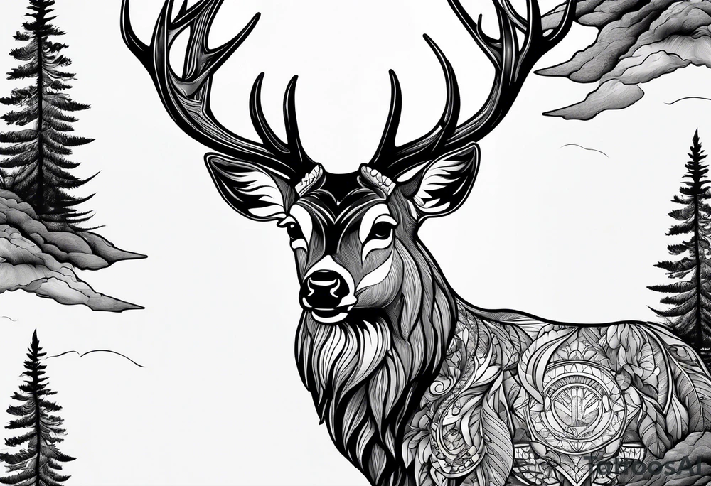 deer head  mountain forest tattoo idea