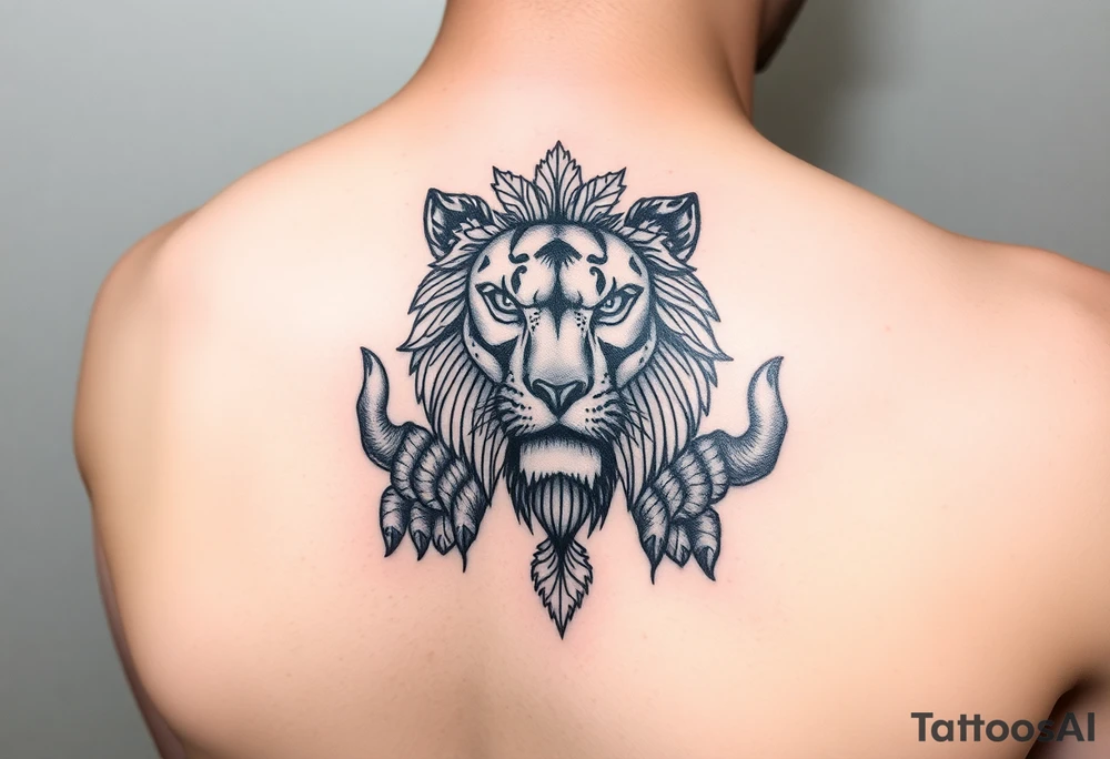 A tattoo for the upper hand with a realistic lion head with mandala patterns around it that covers the hands and a small part of the fingers. tattoo idea