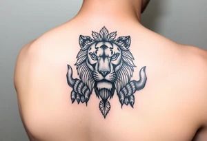 A tattoo for the upper hand with a realistic lion head with mandala patterns around it that covers the hands and a small part of the fingers. tattoo idea