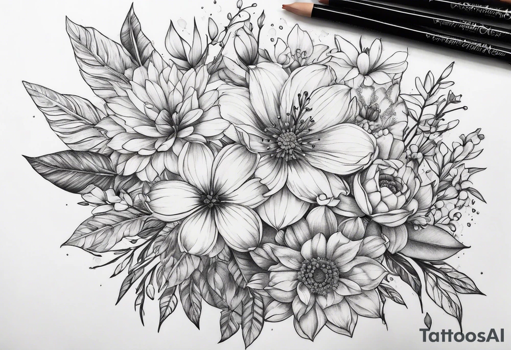 fine line floral bouquet tattoo idea