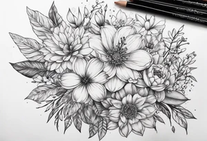 fine line floral bouquet tattoo idea