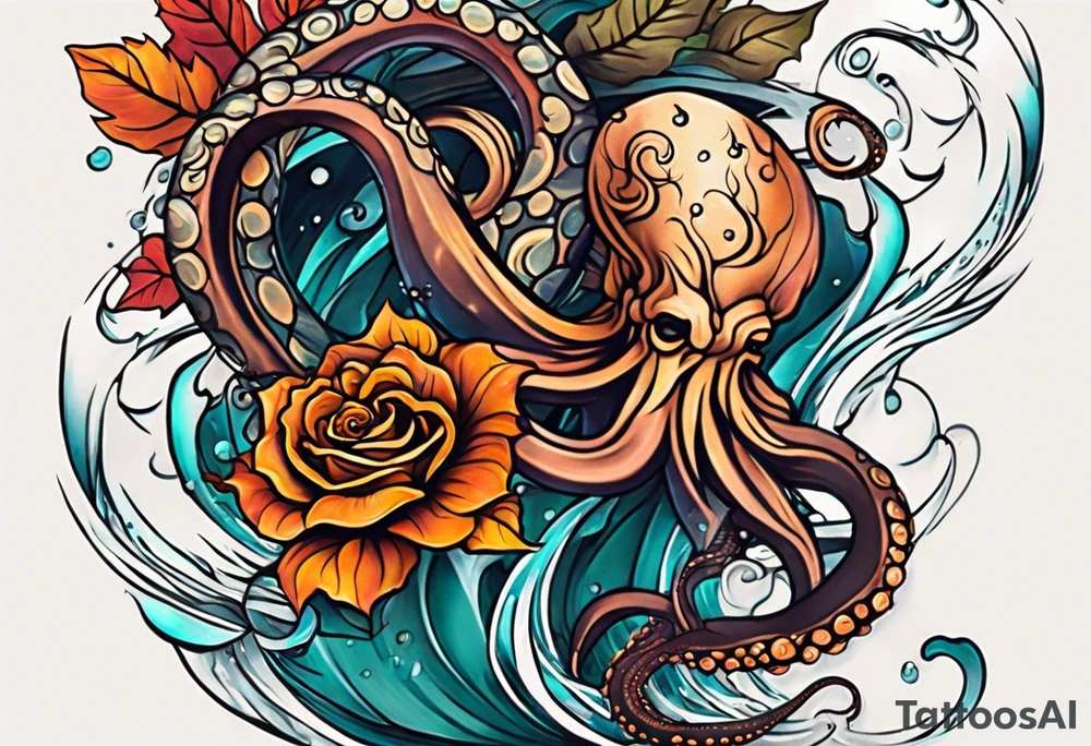 masculine abstract left thigh tattoo with a large long flowing octopus in water swirls wrapping around rocks, with a rose, in fall colors with some small leaves and fall elements tattoo idea