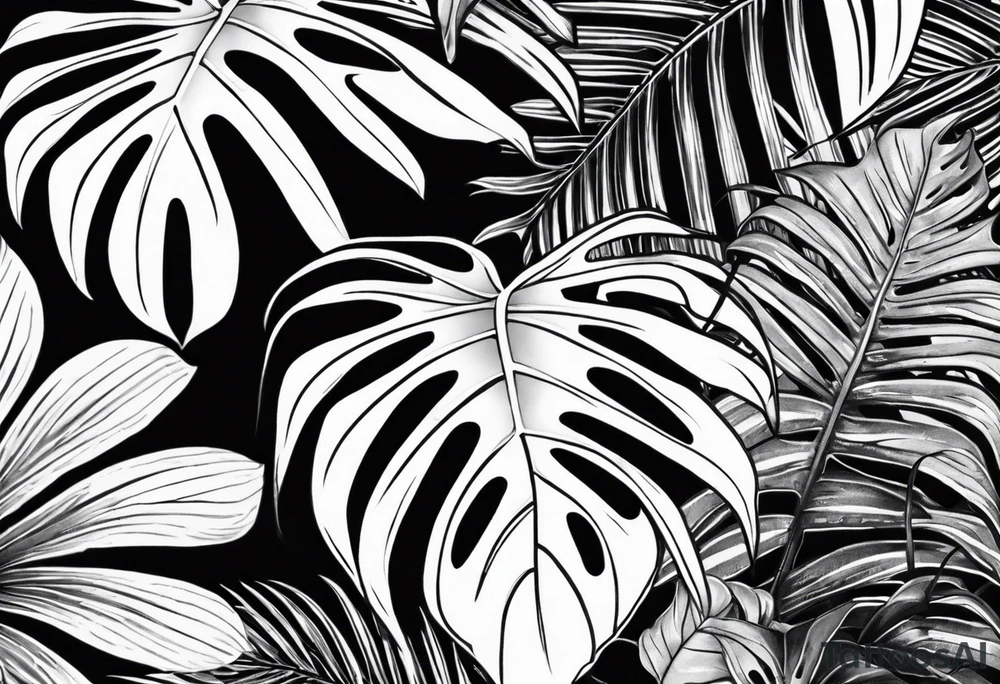 Tropical leaves with foliage monstera and Alocasia line work sleeve tattoo idea