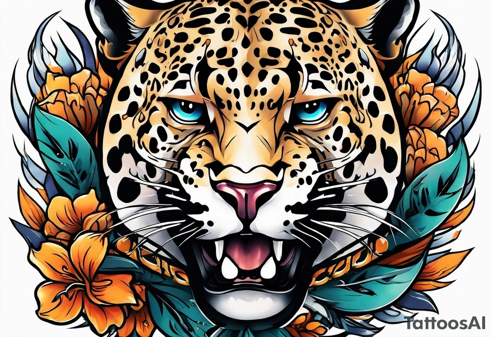 An aggressive jaguar walking towards you with big paws tattoo idea