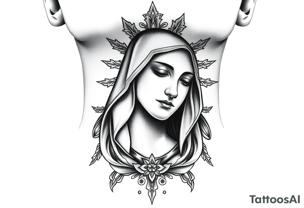 russian christian virgin mary neck design front facing tattoo idea