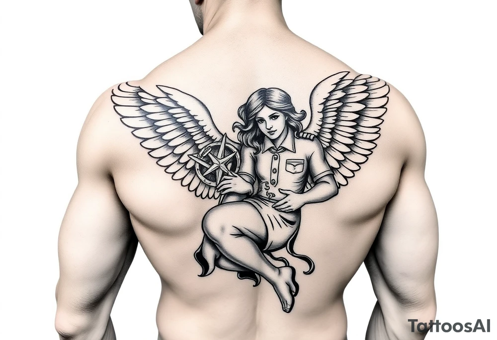 Muscular male guardian angel carrying female officer in the United States coast guard religious tattoo idea