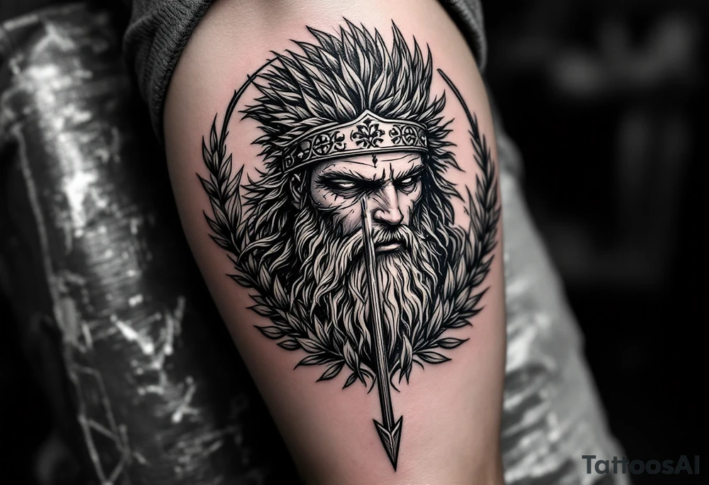 mythological warrior that under the face come down a long arrow and surrounded by a olive tree leaf around tattoo idea