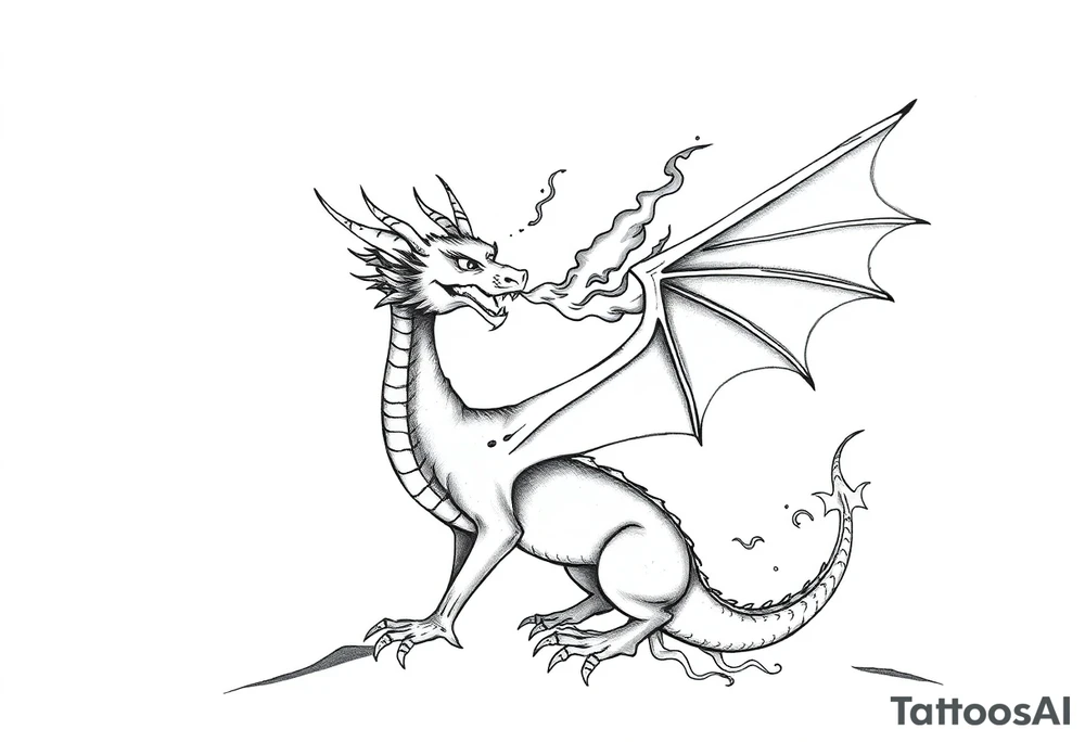 fierce dragon breathing iridescent fire against stormy skies tattoo idea
