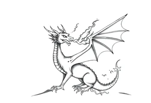fierce dragon breathing iridescent fire against stormy skies tattoo idea
