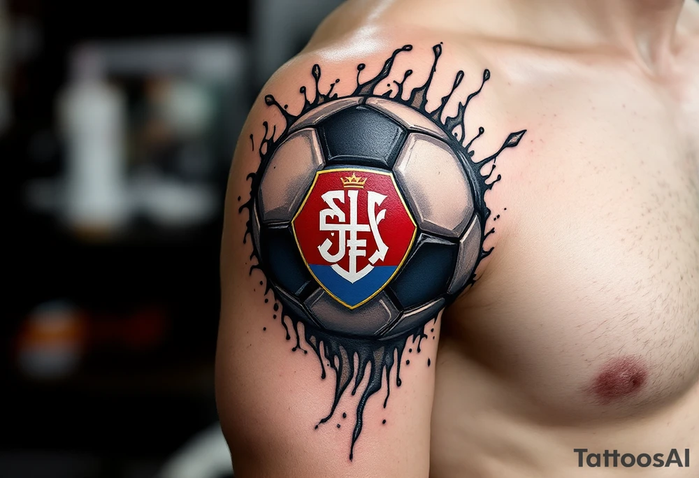 A half-sleeve design where a soccer ball morphs into the Slavia crest with realistic shading. tattoo idea