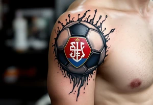 A half-sleeve design where a soccer ball morphs into the Slavia crest with realistic shading. tattoo idea