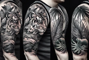 Full arm tattoo sleeve design.  Smaller 
abstract tiger coming down front of shoulder, monstera foliage on forearm, beach landscape on bicep tattoo idea