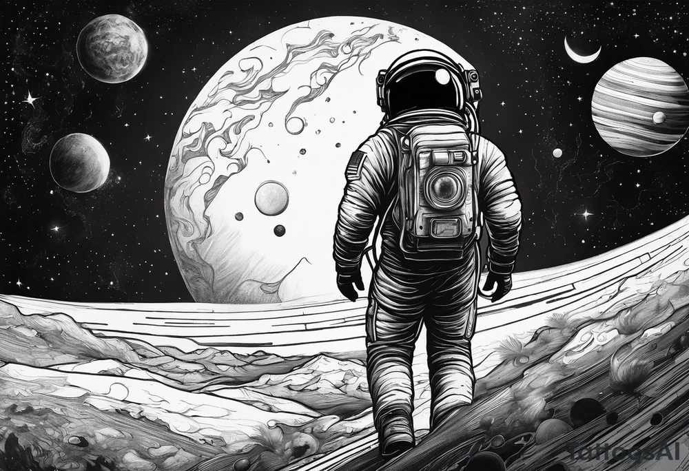 an astronaut hunched over in space from the back holding a planet in his hands tattoo idea