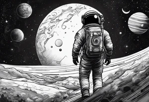 an astronaut hunched over in space from the back holding a planet in his hands tattoo idea