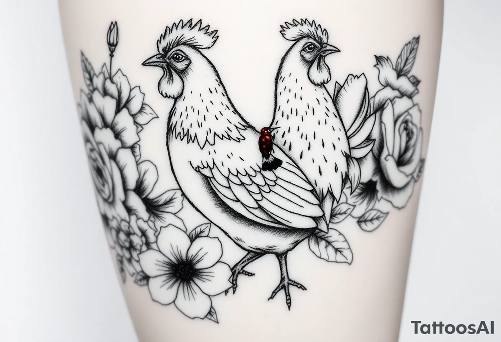A chicken surrounded by peony , roses and hydrangeas with ladybug on flowers petal with hummingbird tattoo idea