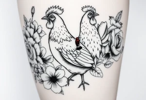 A chicken surrounded by peony , roses and hydrangeas with ladybug on flowers petal with hummingbird tattoo idea