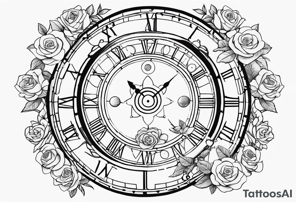 I want a design to print on t-shirts. The design is an hourglass with a wristwatch in the middle with Amazigh numbers, and this watch is surrounded by planets and Ashulk roses. tattoo idea