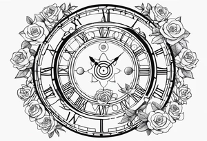 I want a design to print on t-shirts. The design is an hourglass with a wristwatch in the middle with Amazigh numbers, and this watch is surrounded by planets and Ashulk roses. tattoo idea