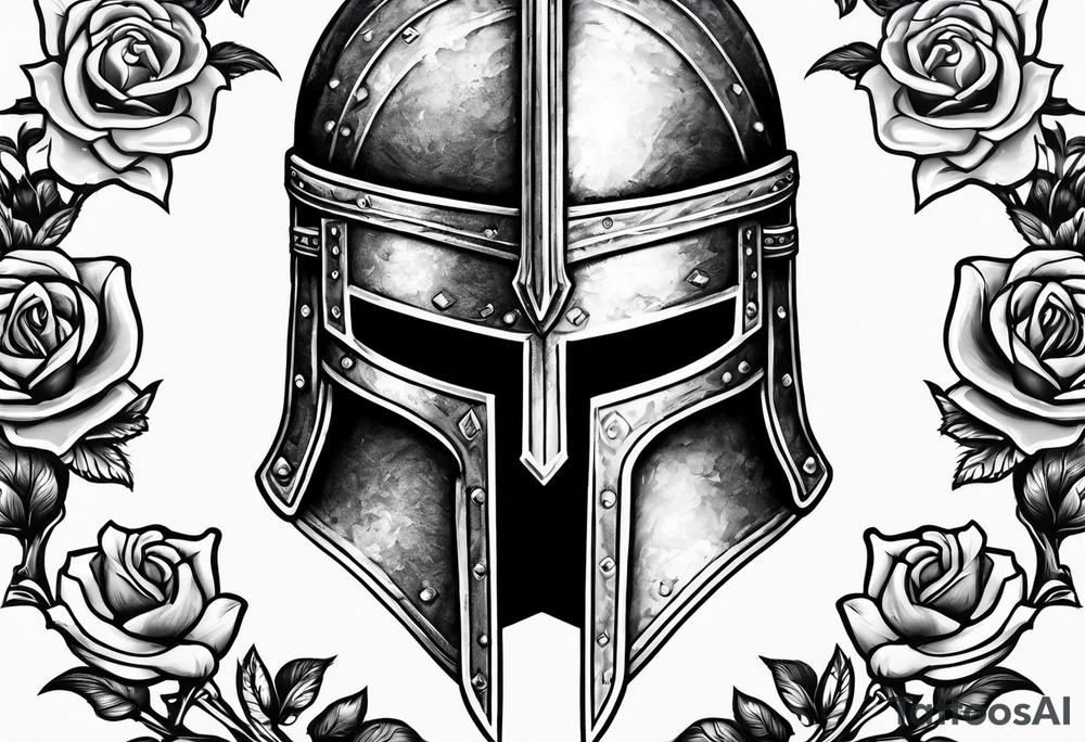 A miniature image of a Spartan helmet and a medieval sword with a rose. tattoo idea