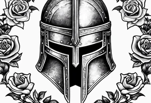 A miniature image of a Spartan helmet and a medieval sword with a rose. tattoo idea