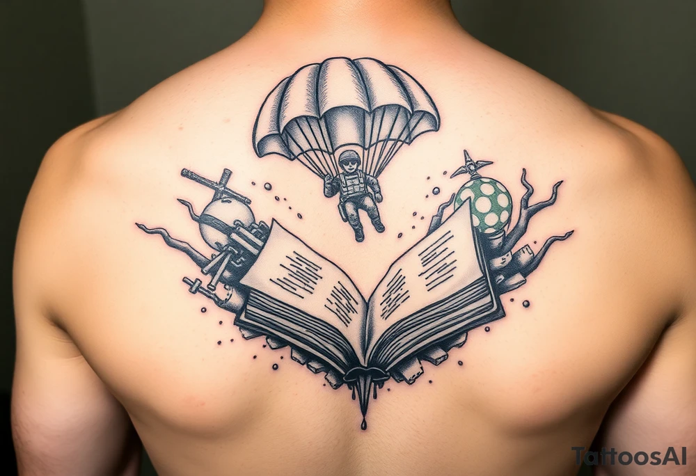 A parachuting soldier landing into an open book. Chaos surrounding, but a sense of security inside the book tattoo idea