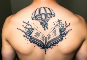 A parachuting soldier landing into an open book. Chaos surrounding, but a sense of security inside the book tattoo idea