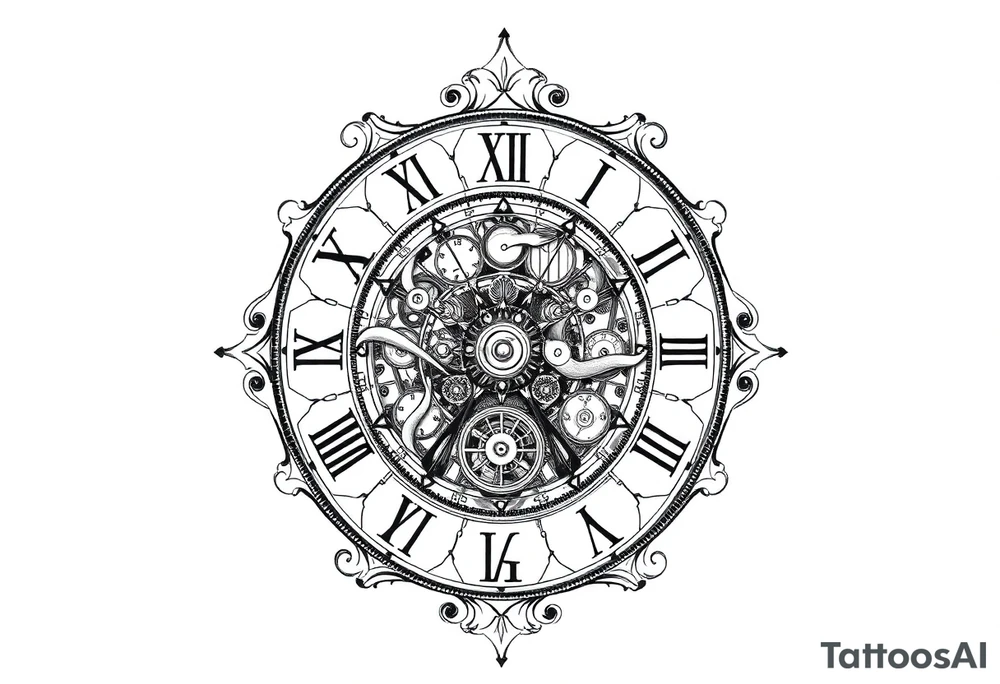 vintage roman numerals within ornate clockwork mechanism tattoo idea