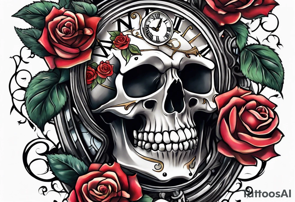 Skeleton with roses with clock tattoo tattoo idea