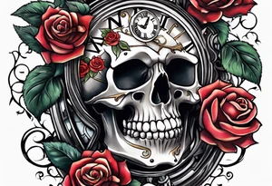 Skeleton with roses with clock tattoo tattoo idea