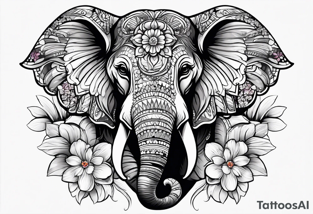 elephant face with flowers tattoo idea