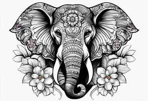 elephant face with flowers tattoo idea