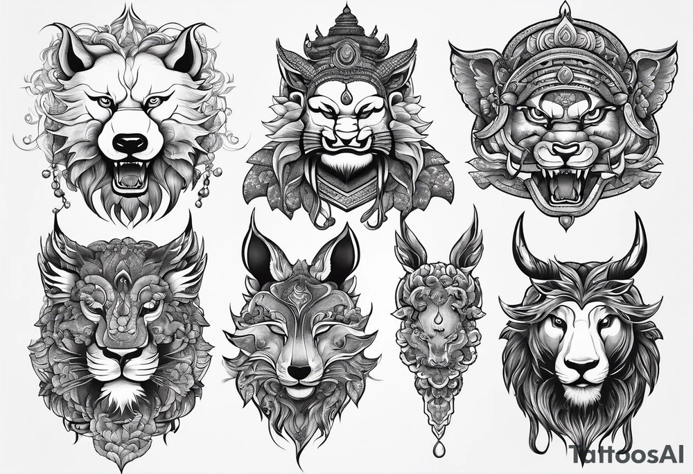 a set of sketches of animals on a Buddhist theme, without people tattoo idea