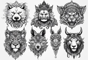 a set of sketches of animals on a Buddhist theme, without people tattoo idea