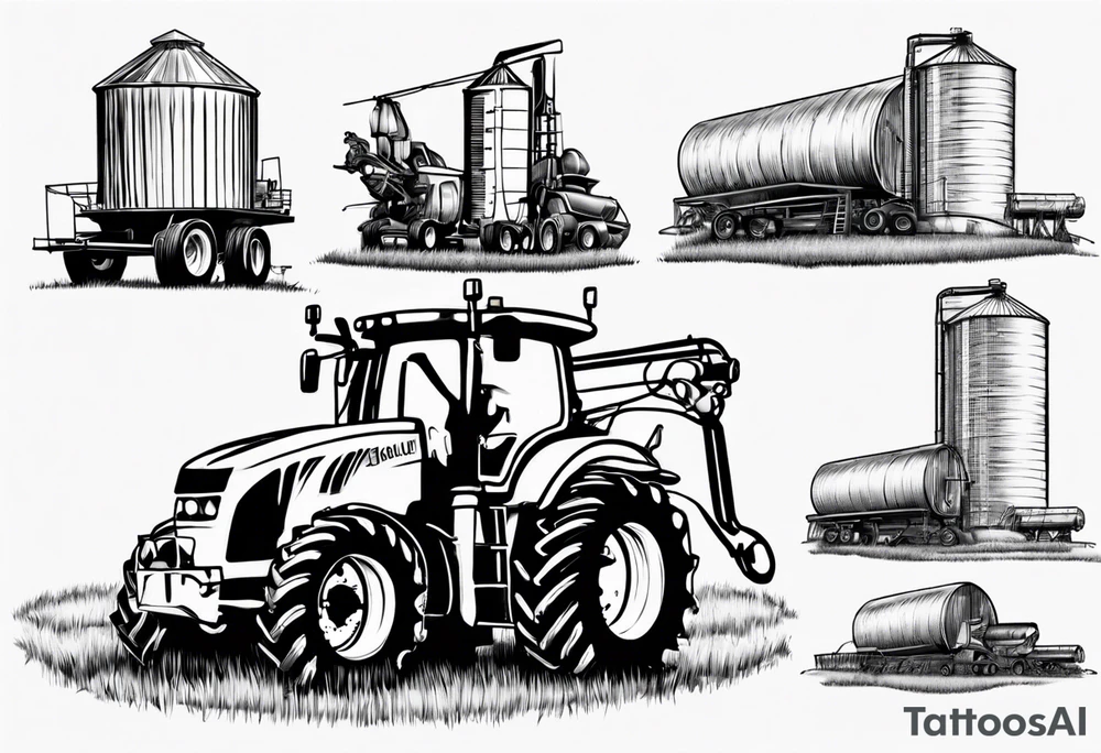 Grain tractor, canola field, grain mill, harvest moon, grain truck offloading grain into grain bins tattoo idea