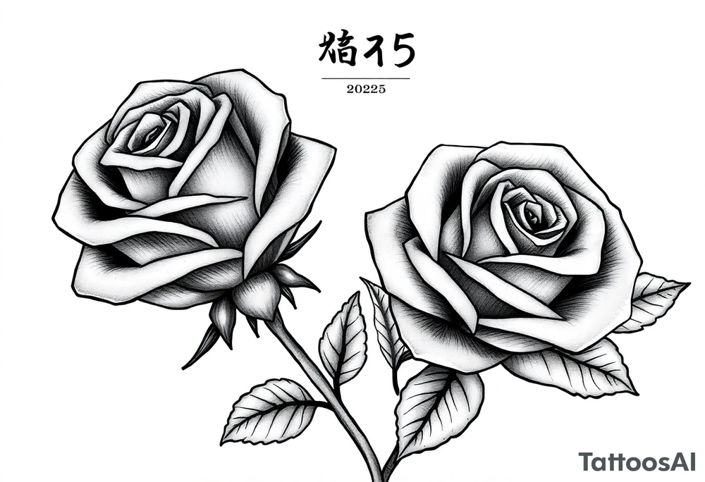 two beautiful rose buds, side by side, with many leaves and stems intertwined, representing two people in love. Include a small banner with "2025" on it.  The word "Rose" written in Kanji above the drawing.  Dark outlines tattoo idea