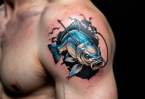 A carp with a fisherman’s hook in its mouth, with metallic silver and deep blue highlights, capturing the struggle between man and nature. tattoo idea