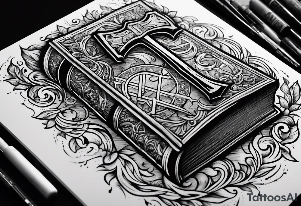 An opened bible with a battle Axe tattoo idea