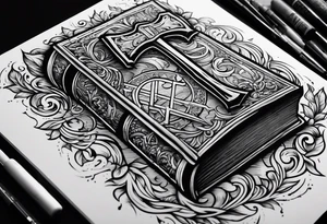 An opened bible with a battle Axe tattoo idea