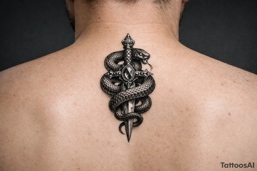 mystical snake coiled around an ancient dagger with jeweled hilt tattoo idea