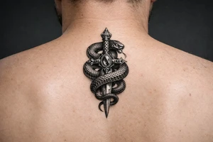 mystical snake coiled around an ancient dagger with jeweled hilt tattoo idea