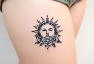 Traditional old
School sun with simple face, Sun, rose and crab old school style tattoo idea