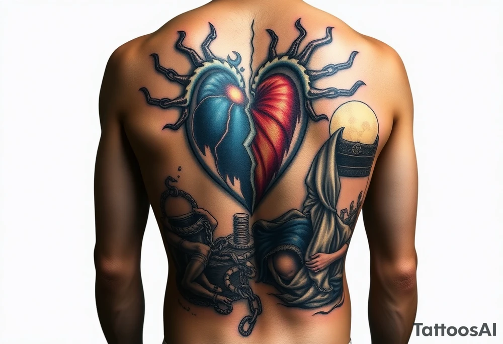 Design a full back tattoo that represents the struggles of betrayal, financial loss, relationship breakup, loss of job, loss of self, and death of a loved one, inspired by Greek mythology and art. The tattoo should be reminiscent of a Greek painting, particularly illustrating the trials of Hercules. Each struggle should be depicted as a symbolic labor, with each one portrayed as a scene on the back. For example:

Betrayal: A scene of a broken, jagged heart surrounded by shadows, with a figure turned away in mistrust.
Financial Loss: A treasure chest overturned, with coins spilling out, and a figure kneeling in despair.
Relationship Breakup: Two intertwined figures tearing apart, with one side showing broken chains or a shattered heart.
Loss of Job: A man in tattered clothing, walking away from a ruined, burning building.
Loss of Self: A figure looking at their shattered reflection in a broken mirror, symbolizing identity lost.
Death of a Loved One: A scene of a person in mourning, standing by a grave, with a winged figure representing the spirit of the deceased.
Ensure the design has an ancient, classical Greek aesthetic, with detailed lines, natural poses, and a narrative flow, similar to the style of ancient Greek pottery or frescoes." tattoo idea
