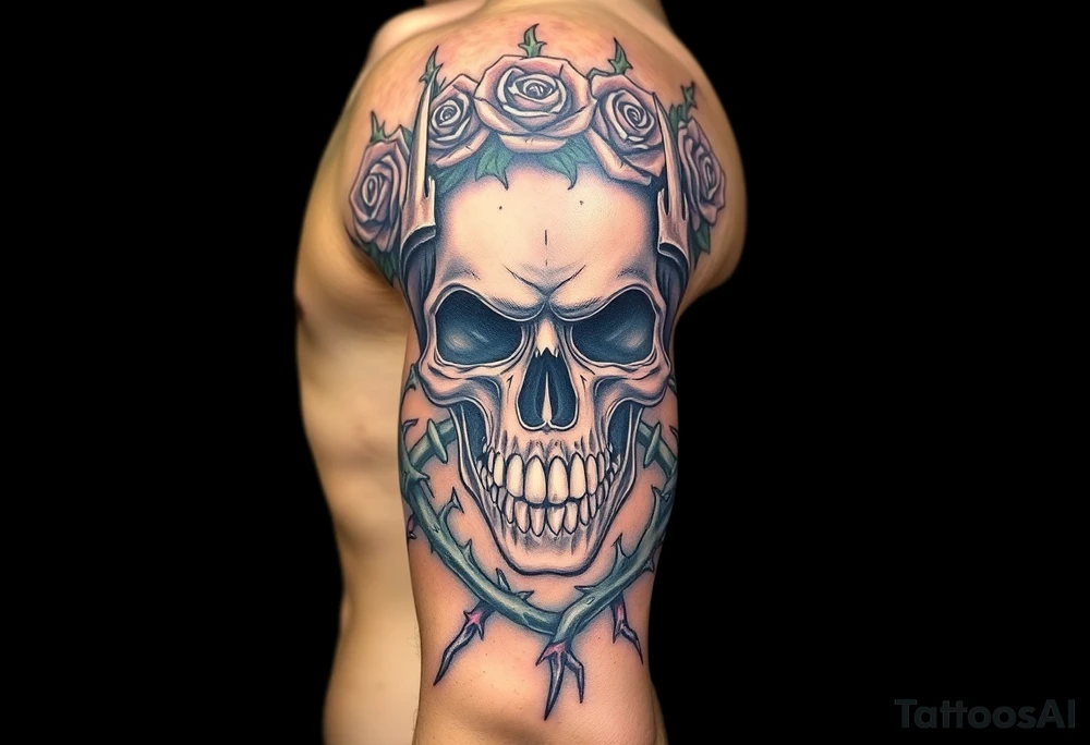 ornate skull adorned with crown of wild roses and thorns tattoo idea
