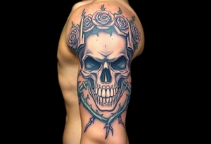ornate skull adorned with crown of wild roses and thorns tattoo idea